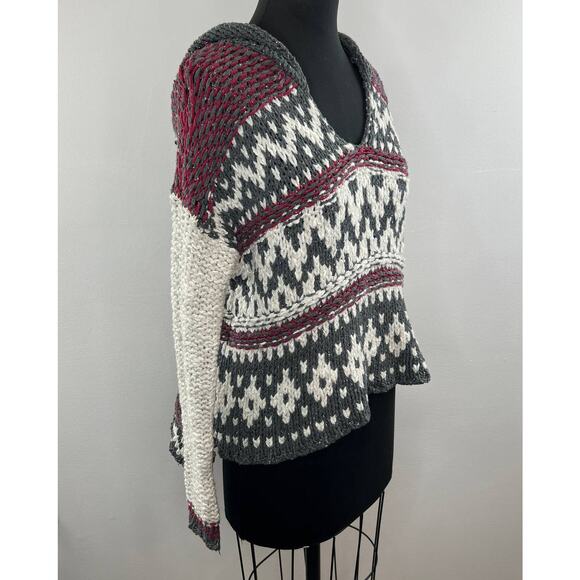 Free People White Gray Red Fair Isle Print V-Neck Knit Hooded Sweater M Medium - Picture 2 of 6